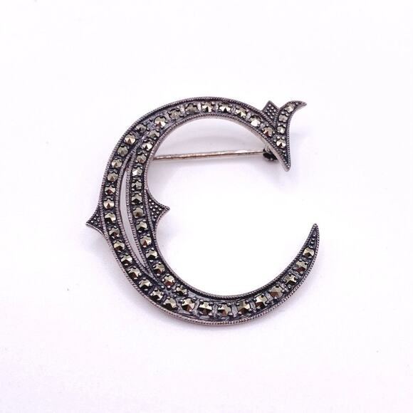 Heirloom 73 Vintage Creations Sterling Silver And Marcasite Brooch 1.5” Letter C - Picture 3 of 6